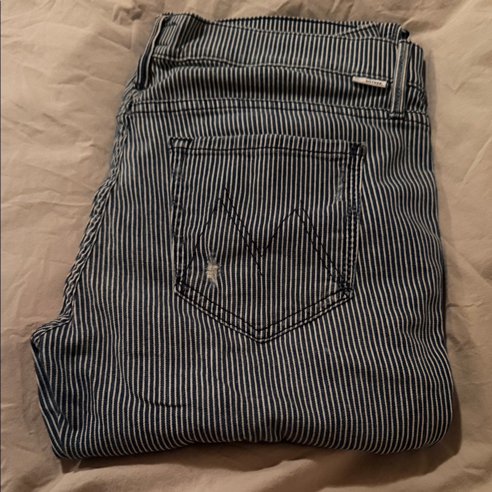 MOTHER Navy and White Striped Jeans